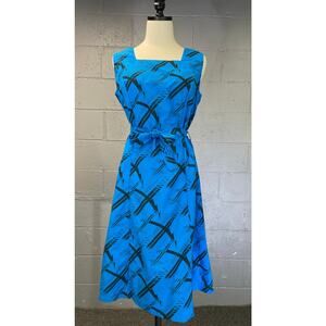Vintage 1980s Blue Black Abstract Novelty Print Belted Dress Med Abstract Linear